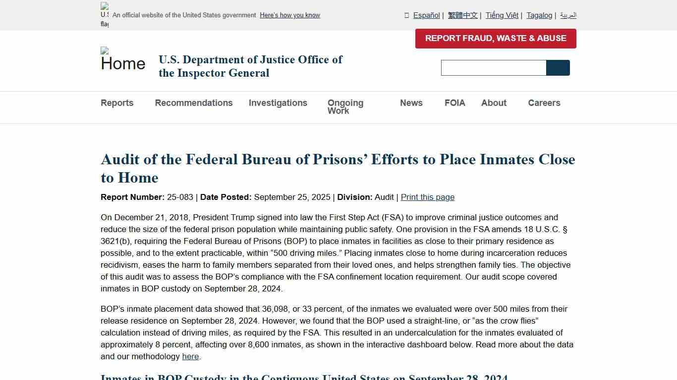 Audit of the Federal Bureau of Prisons’ Efforts to Place Inmates Close to Home U.S. Department of Justice Office of the Inspector General